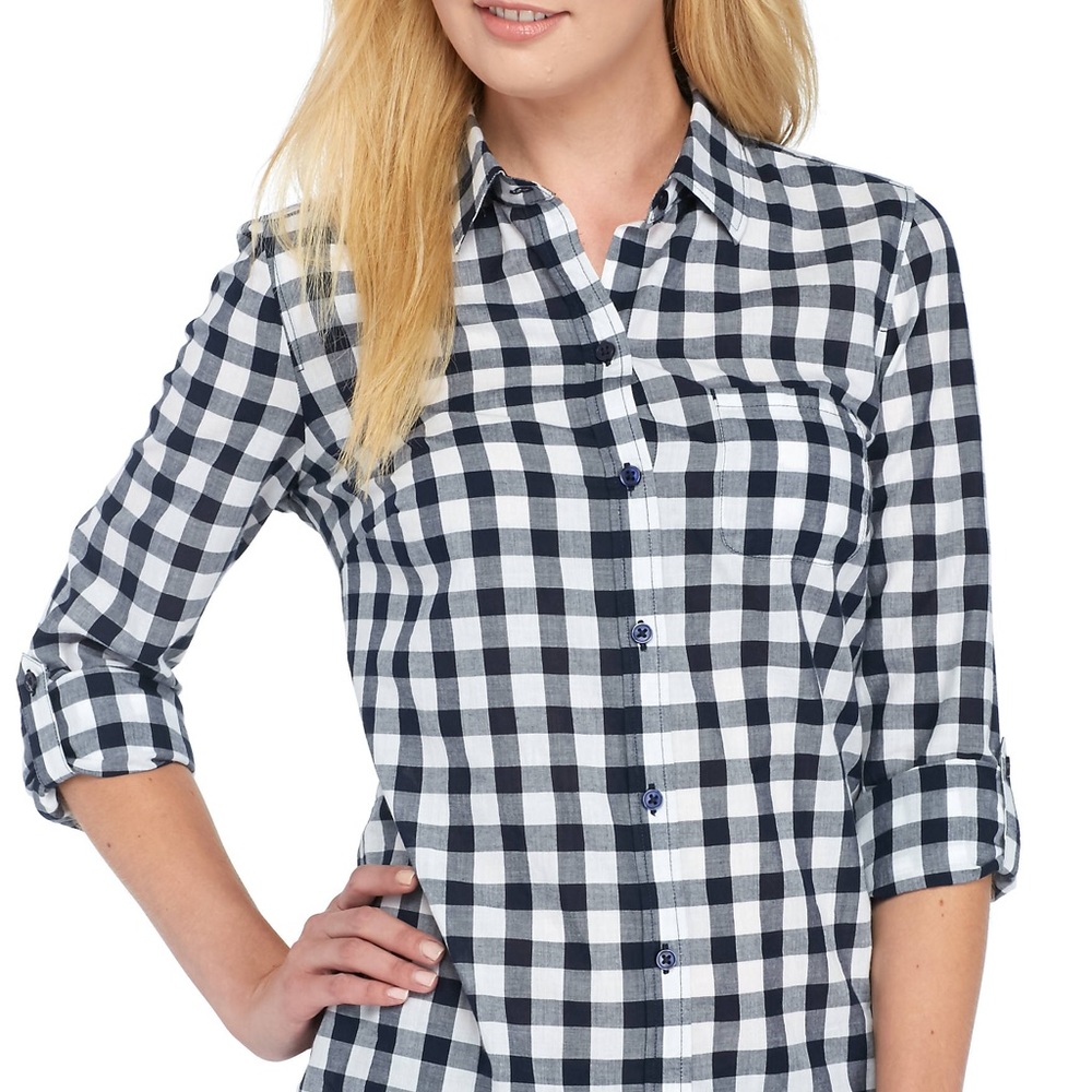 Navy blue plaid with white buttons.